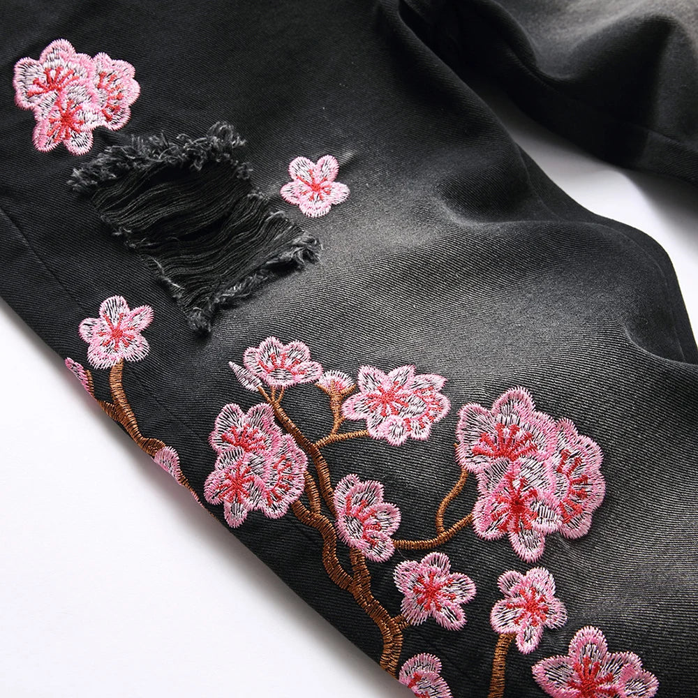Cherry Blossom Stacked Denim Jeans