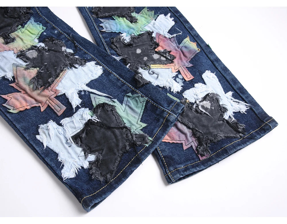 Maple Leaves Patch Stacked Denim Jeans