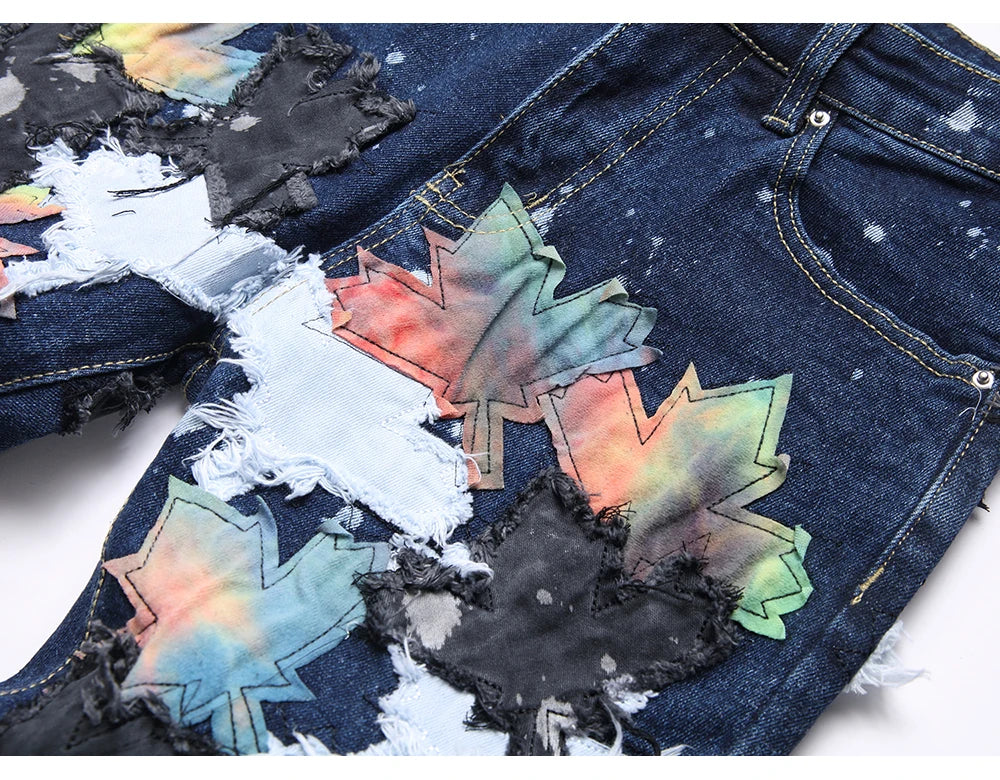 Maple Leaves Patch Stacked Denim Jeans