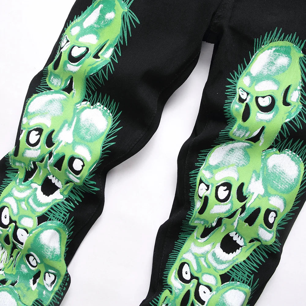 Skull Print Denim Jeans