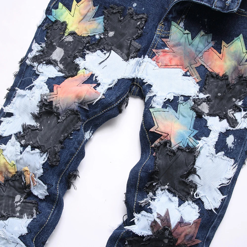 Maple Leaves Patch Stacked Denim Jeans