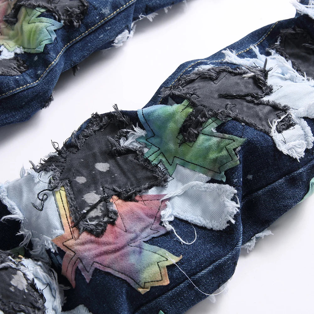 Maple Leaves Patch Stacked Denim Jeans