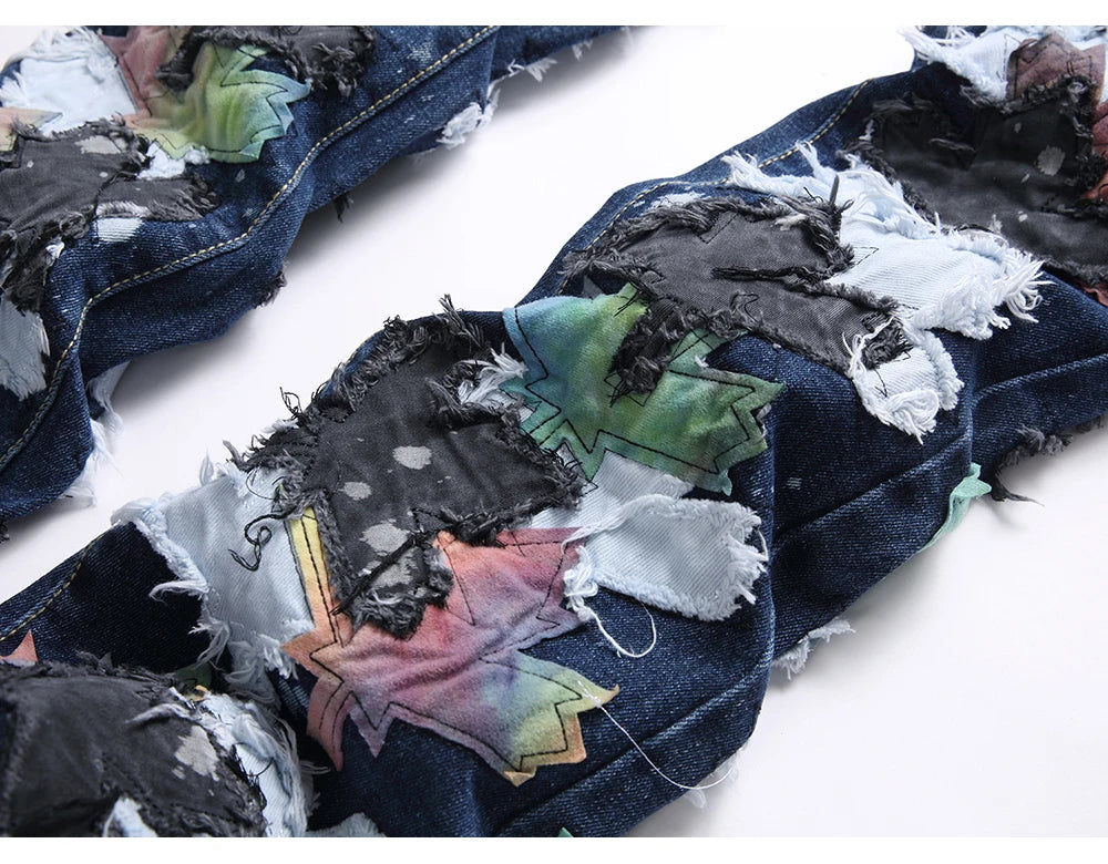 Maple Leaves Patch Stacked Denim Jeans