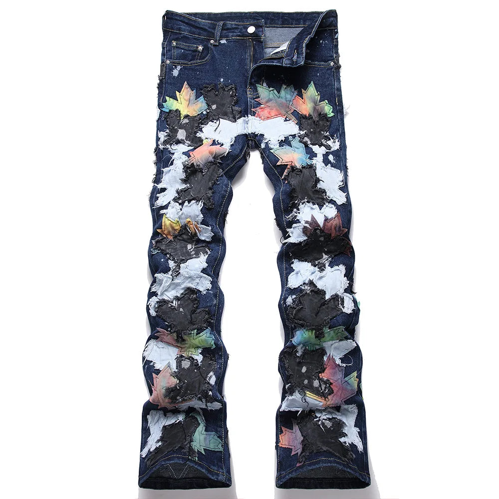 Maple Leaves Patch Stacked Denim Jeans
