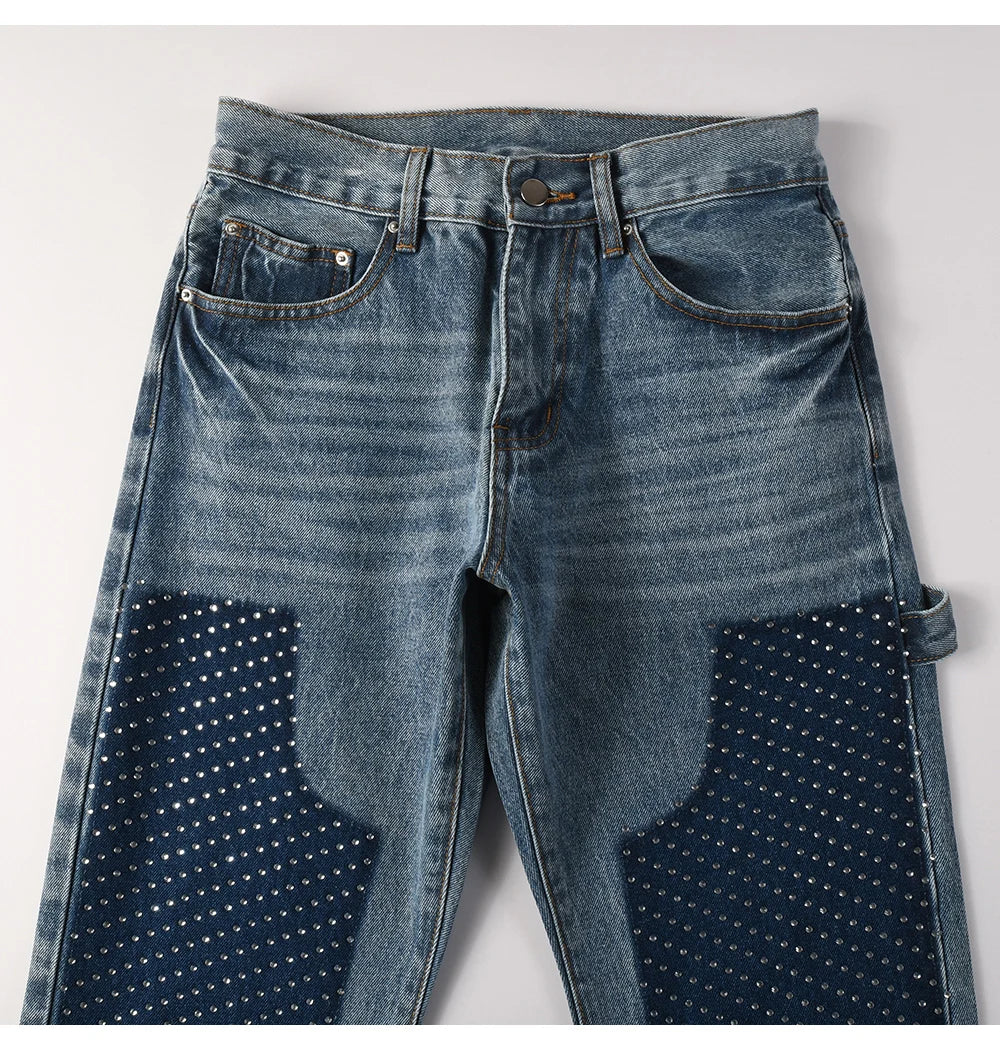 Two Tone Crystal Patch Denim Jeans