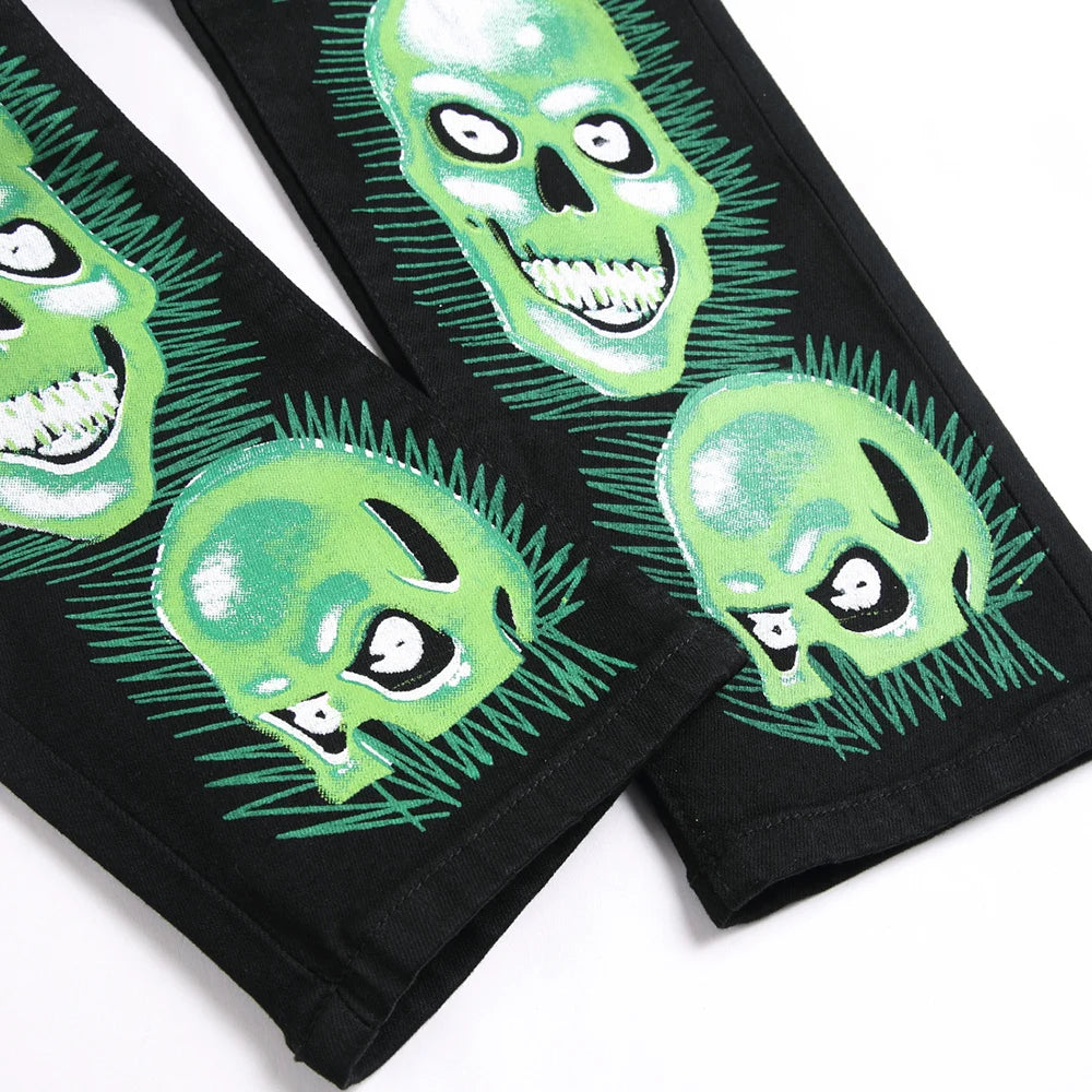 Skull Print Denim Jeans