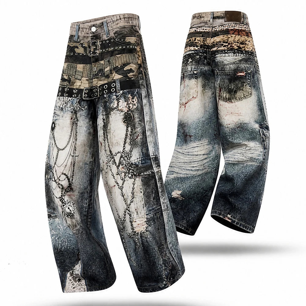 Chain Belt Punk Illusion Denim Jeans