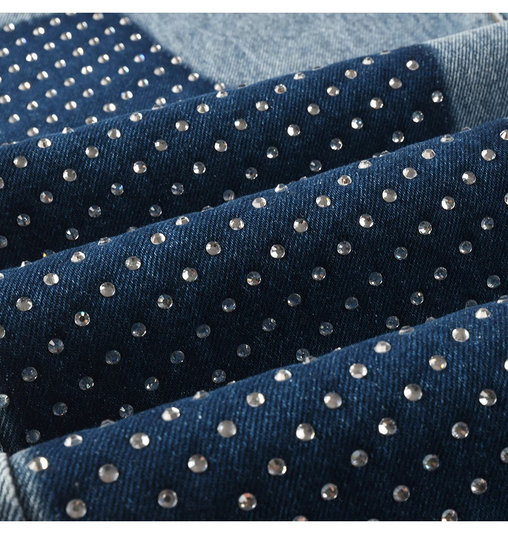 Two Tone Crystal Patch Denim Jeans