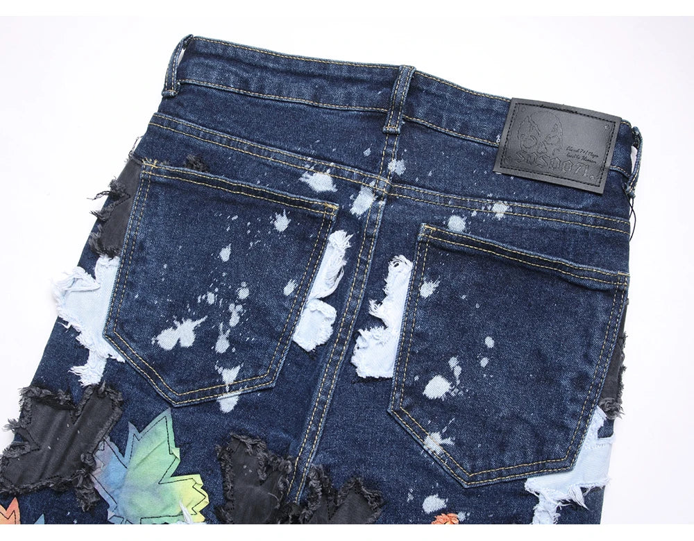 Maple Leaves Patch Stacked Denim Jeans