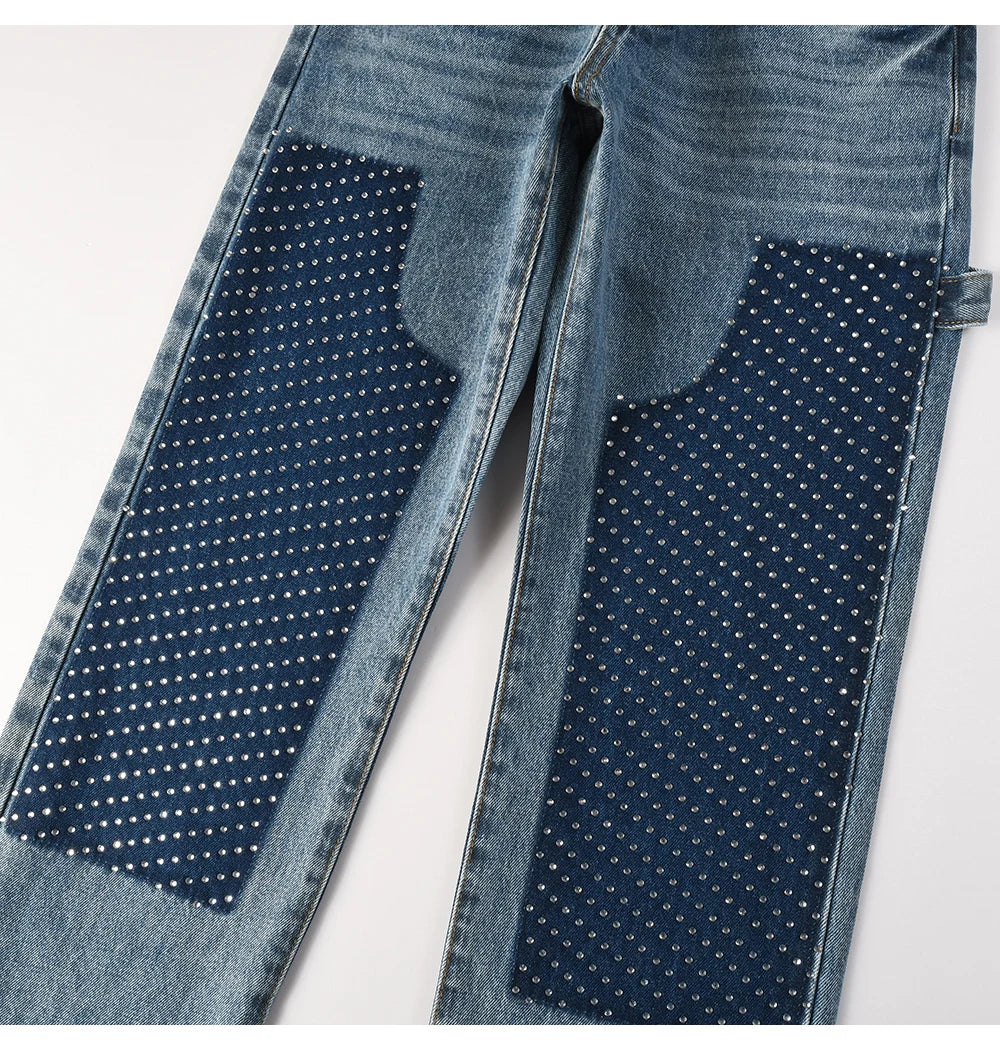Two Tone Crystal Patch Denim Jeans