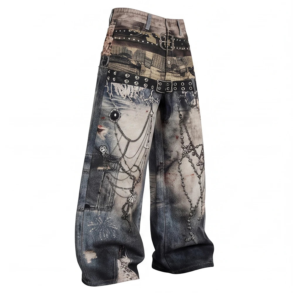 Chain Belt Punk Illusion Denim Jeans
