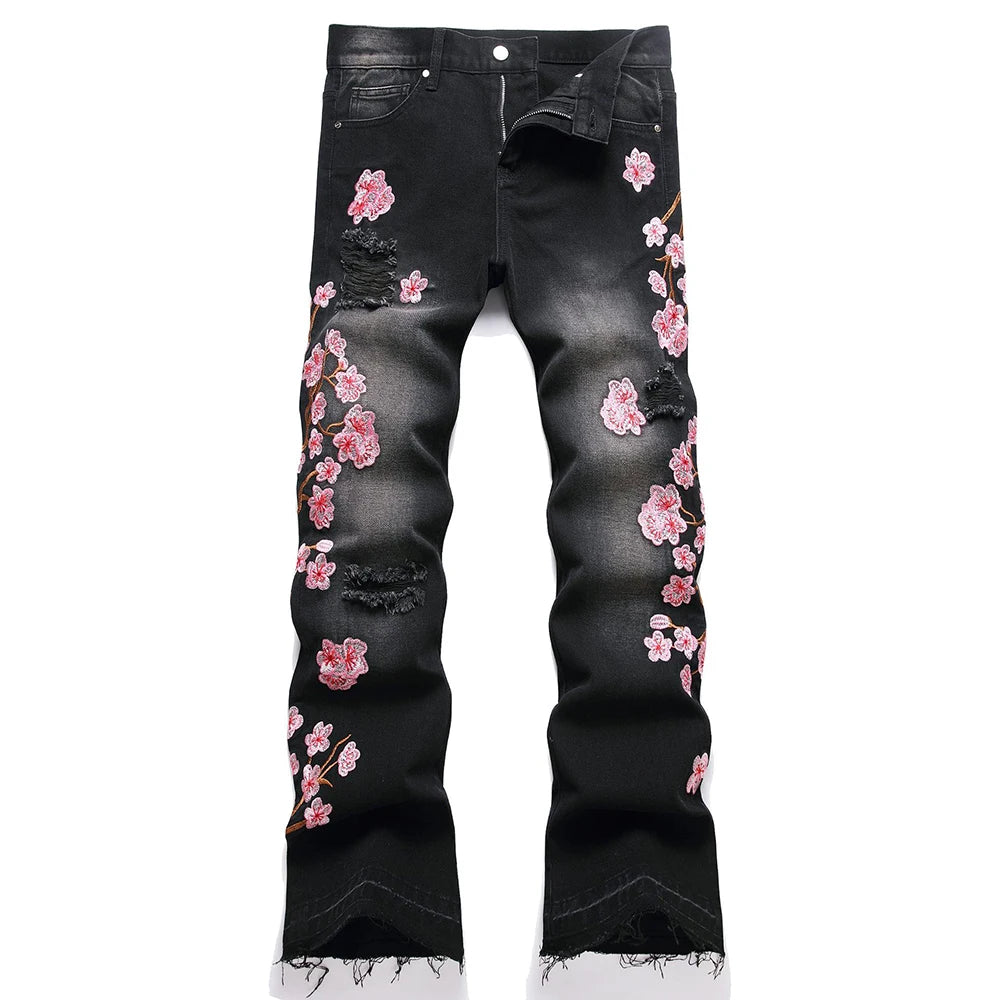 Cherry Blossom Stacked Denim Jeans