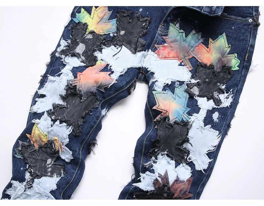 Maple Leaves Patch Stacked Denim Jeans