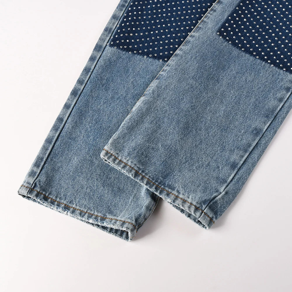 Two Tone Crystal Patch Denim Jeans