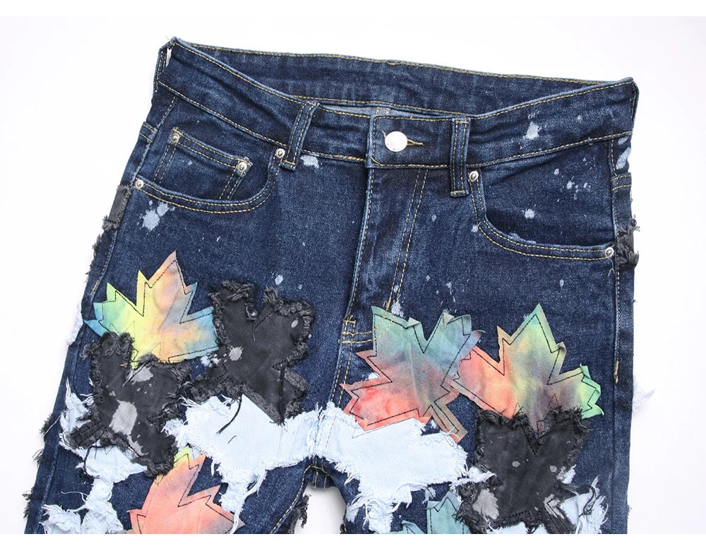 Maple Leaves Patch Stacked Denim Jeans