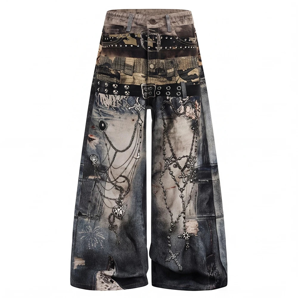 Chain Belt Punk Illusion Denim Jeans