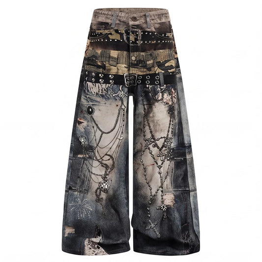 Chain Belt Punk Illusion Denim Jeans