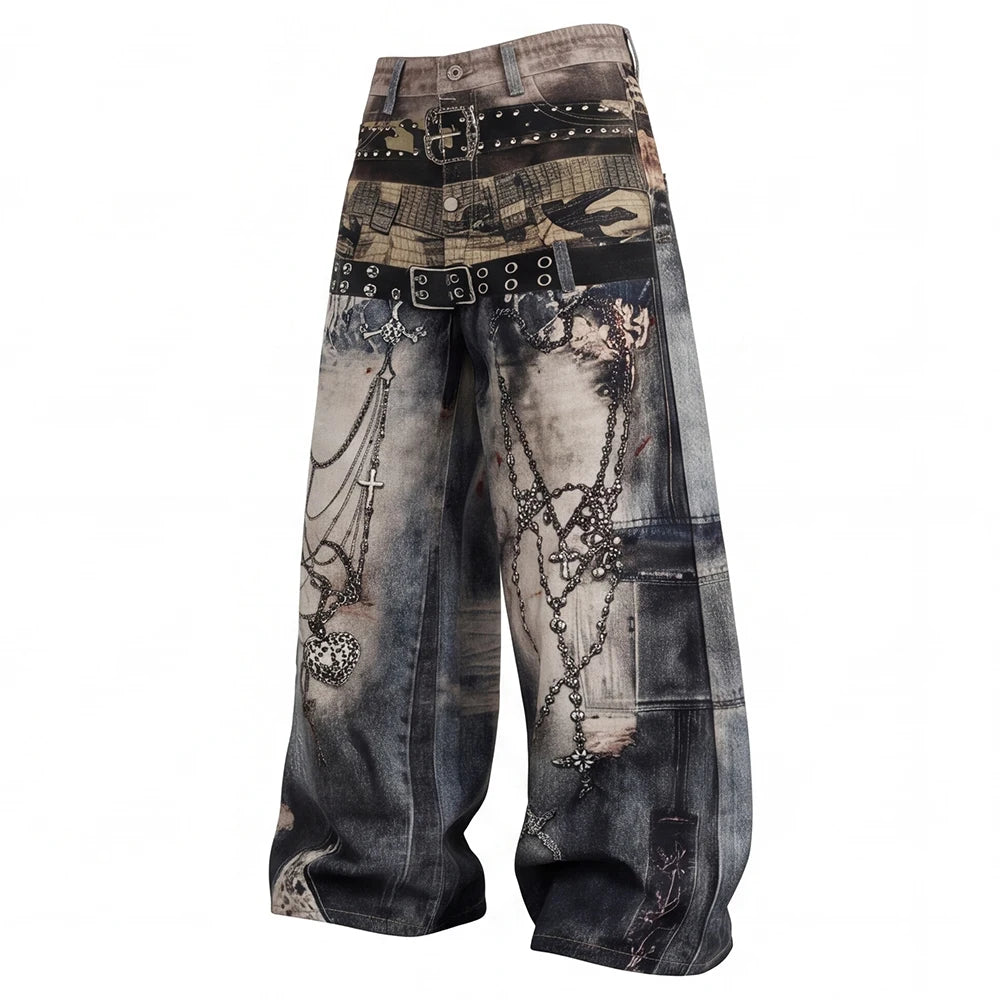 Chain Belt Punk Illusion Denim Jeans