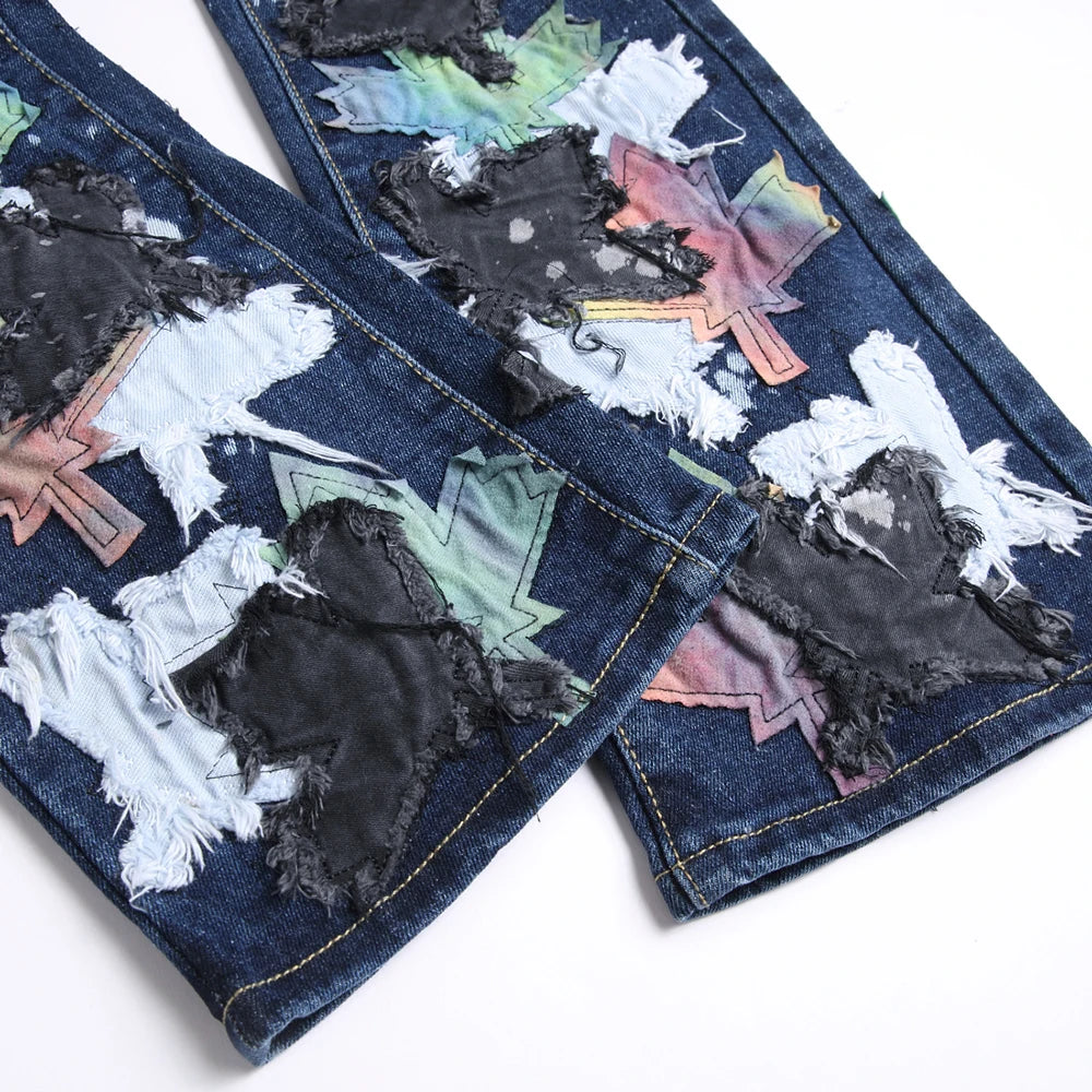 Maple Leaves Patch Stacked Denim Jeans