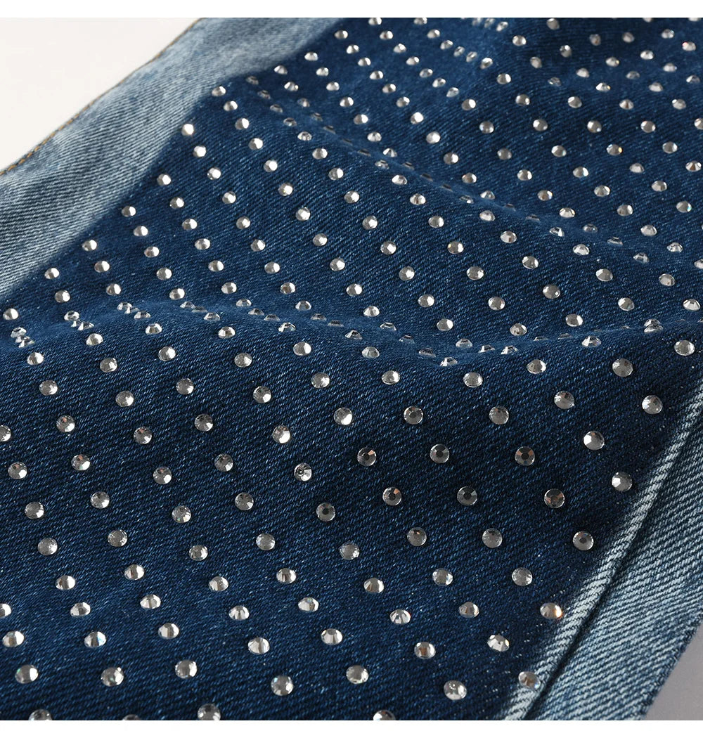Two Tone Crystal Patch Denim Jeans