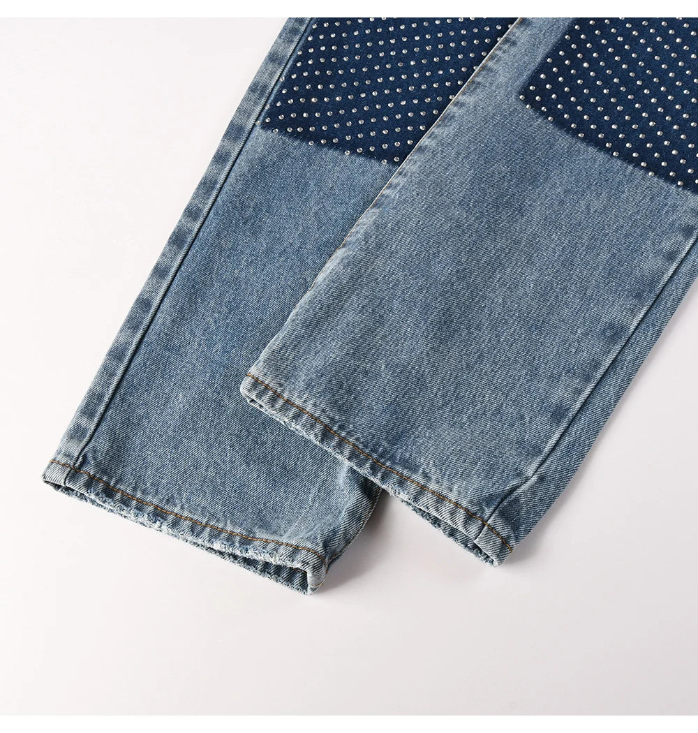 Two Tone Crystal Patch Denim Jeans
