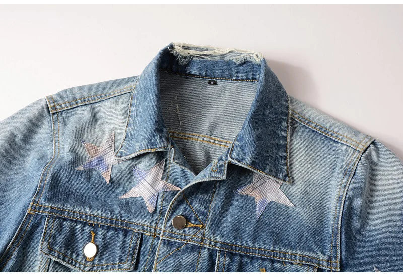 Striped Star Patched Denim Jacket