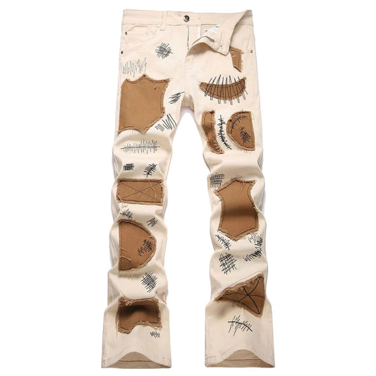 Stitched Khaki Stacked Denim Jeans