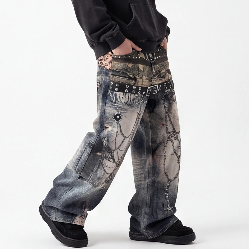 Chain Belt Punk Illusion Denim Jeans