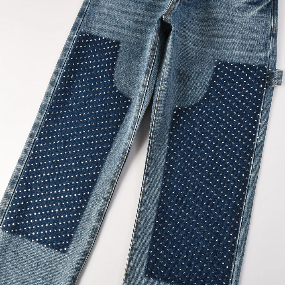 Two Tone Crystal Patch Denim Jeans