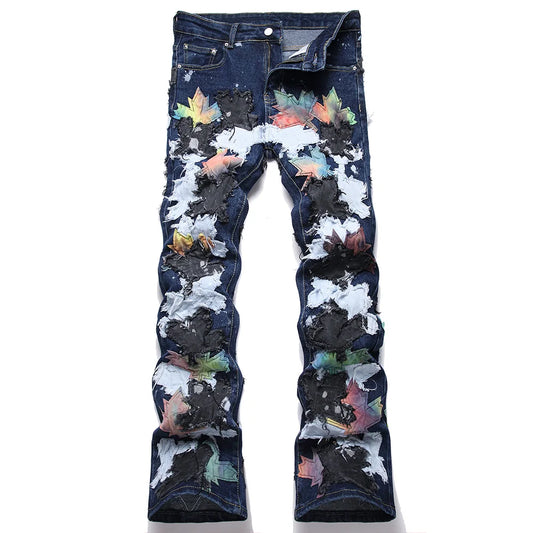 Maple Leaves Patch Stacked Denim Jeans
